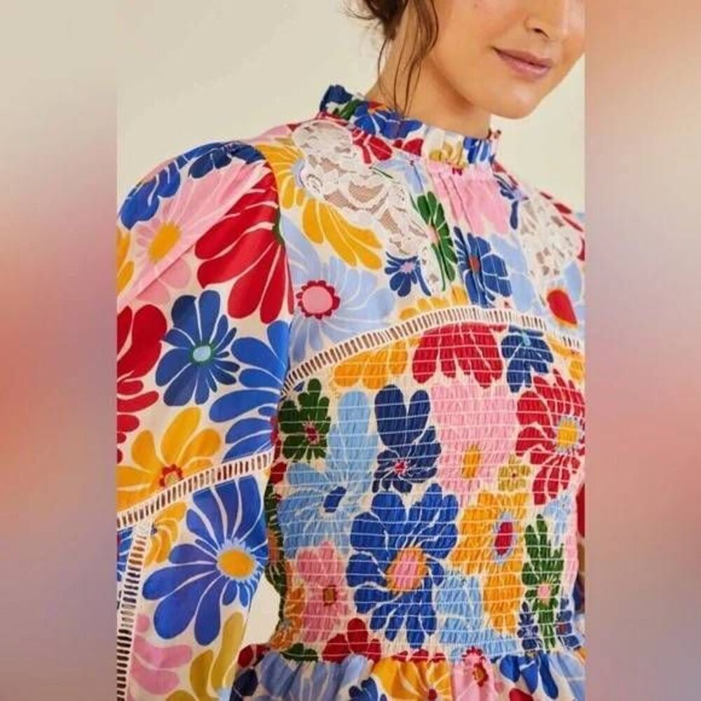 FARM Rio Sunny Daisies Smocked Cotton Peplum Blouse S - Picture 3 of 13